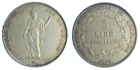 Lombardia 1848M Ag 5 Lire, toned