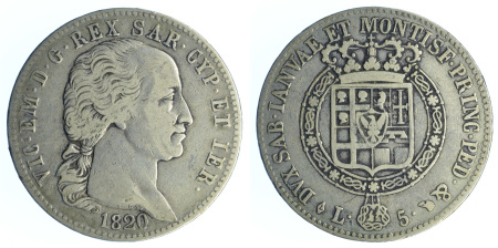 Sardinia 1820 Ag 5 Lire, Vittorio