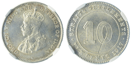 Straits Settlements 1917 Ag 10 cents, George V