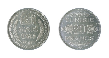 Tunisia AH1353 (1934) Ag 20 Francs, NGC