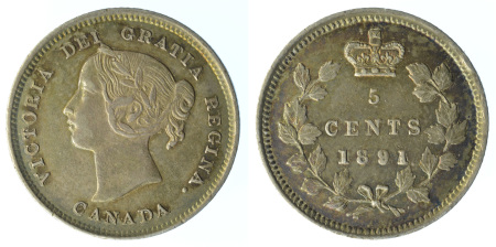 Canada 1891 Ag 5 Cents, Victoria, Nice