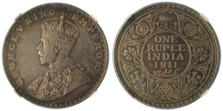 India / British 1911B Ag Rupee, George V (KM: