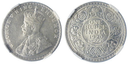 India / British 1920C Ag Rupee, George V (KM: