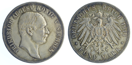Germany 1914E  Saxony Ag 5 Marks, Freideric