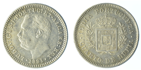 Portuguese GOA 1881 Ag 1/4 Rupie