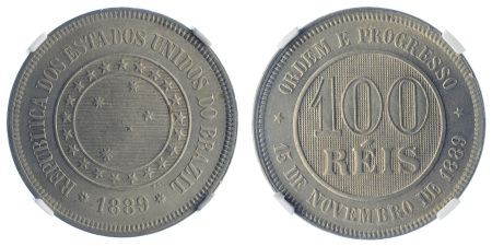 Brazil, 1889 Cu Ni 100 Reis, NGC MS 65