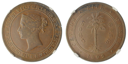 Ceylon 1892 Cu 5 Cents, Victoria, NGC AU 55