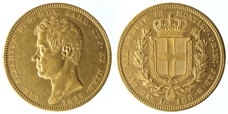 Sardinia 1835P Au 100 Lire, Torino