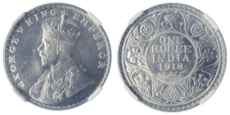 India (British) 1918B Ag Rupee, George V, NGC