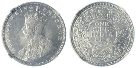 India / British 1919C Ag Rupee, George V, NGC