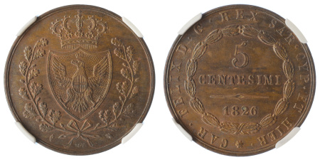 Sardinia 1826L Cu 5 Centesimi, Eagle