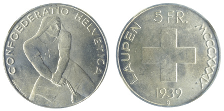 Switzerland 1939B Ag 5 Francs "Battle of Laupen Anniversary"