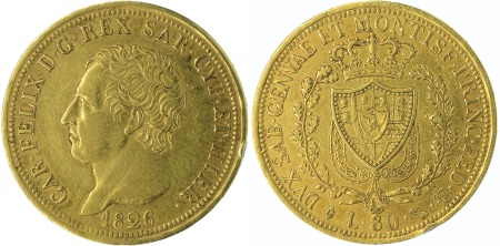  (Sardinia) 1826L Au 80 Lire;