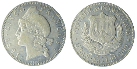 1891A Ag 5 Francs, lightly lustrous
