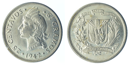 1942 Ag 25 Centavos, icey white