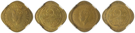 India , British Brass 2 Annas, George VI, 2 coins 