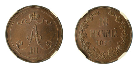 Finland 1891 (Cu) 10 Pennia, under