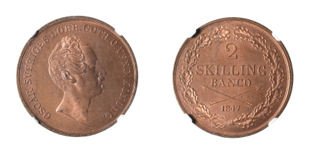 Sweden 1847 (Cu) 2 Skilling Banco
