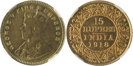 India (British) 1918B Au 15 Rupees, George V