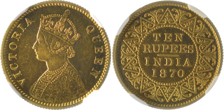 India (British) 1870C Au Proof 10 Rupees