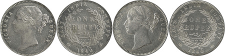 India (British) 1840 Ag Rupee, lot of 2x