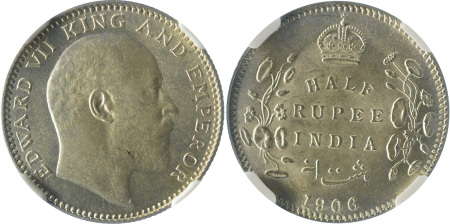 India (British) 1906C Ag 1/2 Rupee