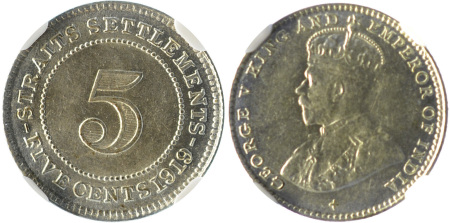 Straits Settlements 1919 Ag 5 Cents, George V