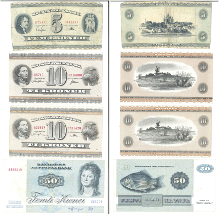 Denmark 1936-1972 lot of 4x Banknotes