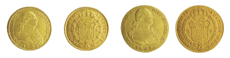 Spain 1801 & 1803 Au 2 Escudos, Lot of 2 coins