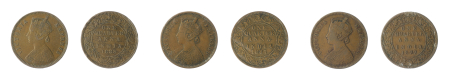 India (British) 1877 Cu 1/4 Anna, 3 coins