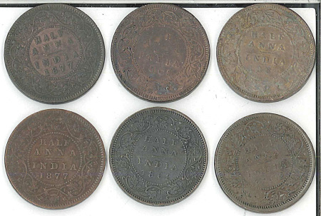 India British 1862 & 1877 Cu 1/2 Anna lot, 6 coins