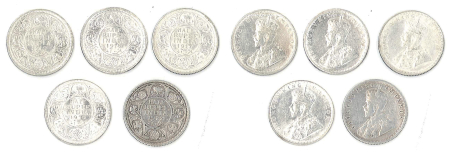 India British 1917-1936 Ag 1/2 Rupees, 5 coins