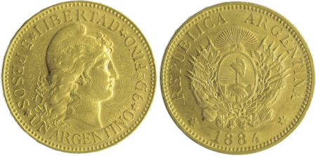 Argentina 1884 Au 1 Argentino, (5 Pesos)