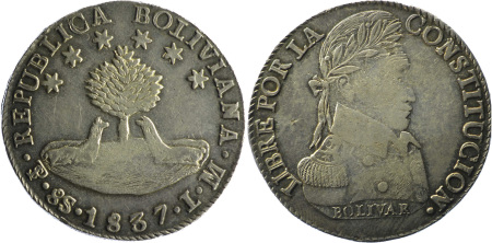 Bolivia 1837LM aG 8 Soles, "Bolivar Bust"