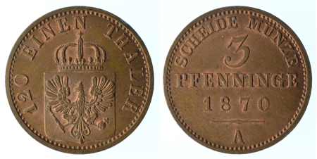 Germany, Prussia 1870A Cu 3 Pfennig