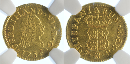 Spain 1758M JB Au ½ Escudo, Ferdinand VI