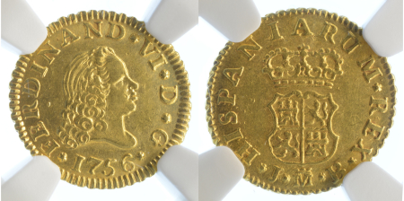 Spain 1756M JB Au ½ Escudo, Ferdinand VI