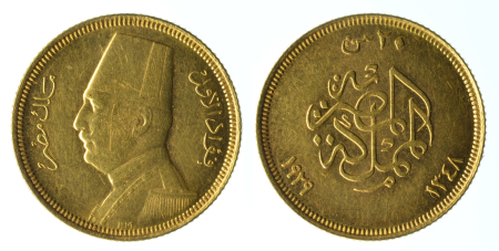 Egypt AH 1348 /1929 Au 20 Piastres, King Fuad
