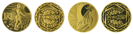 France 2008 Au 100 Euro & 2015 Au 250 Euro BU Grade 2x Coin lot