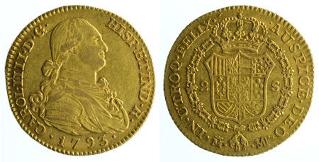 Spain 1793MF Au 2 Escudos, Madrid mint
