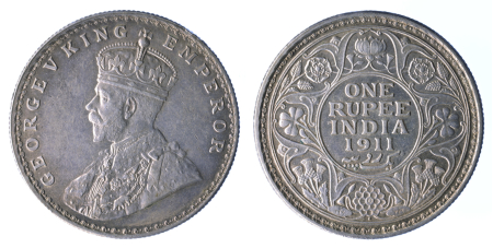 India (British) 1911B Ag Rupee, George V (Pig type)