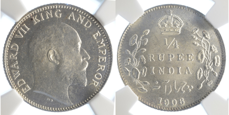 India (British) 1906C Ag ¼ Rupee 