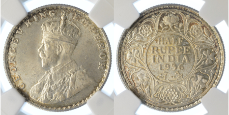 India 1936B Ag ½ Rupee, George V