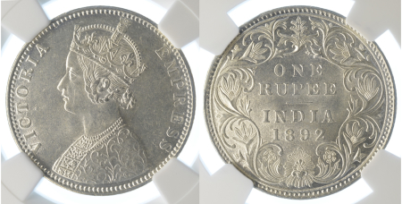 India (British) 1892B Ag Rupee