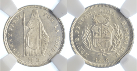 Peru 1858 MB Ag ½ Real, choice