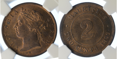 Mauritius 1890H (Heaton) Cu 2 Cents