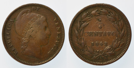 Venezuela 4 Coin Copper lot; 1/4 Centavo to 1 Centavo 1843-1862