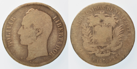 Venezuela lot of 5X Silver 5 Bolivares 1876-1935