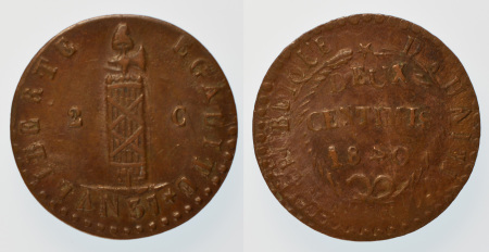 Haiti 1840 & 1841 Cu 2 Centimes (Slanted 4's in dates)