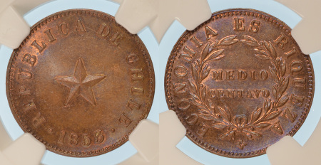 Chile 1853 Cu 1/2 Centavo MS 64 Brown